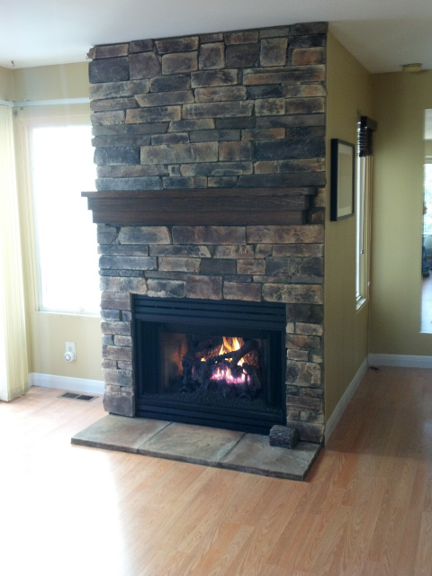 Remote Controll Gas Log Conversion. Painted Firebox Front, Bucks County Stone and Hearth with Custom Oak Mantel with Dark Mahogany  Finish.