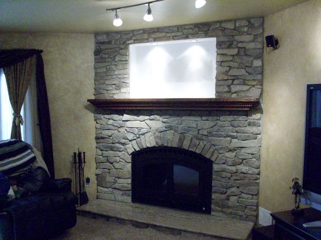 New Firebox w Wrought Iron Arch Face, Quarry Stone wall, Granite Hearth, Lighted Nook, Custom Oak Mantel