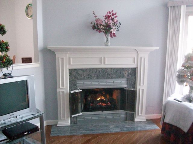 Gas Log Conversion, Refinished Grill Work, Granite Hearth & Surround, Custom White Mantel