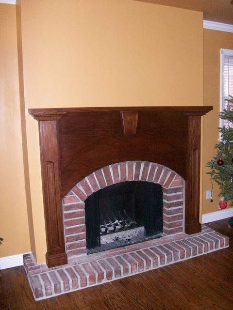 Wall Resurfaced, Custom Oak Mantel, Arch Brick Opening & Hearth, Hanging Screens,Inside  Firebox Refinished