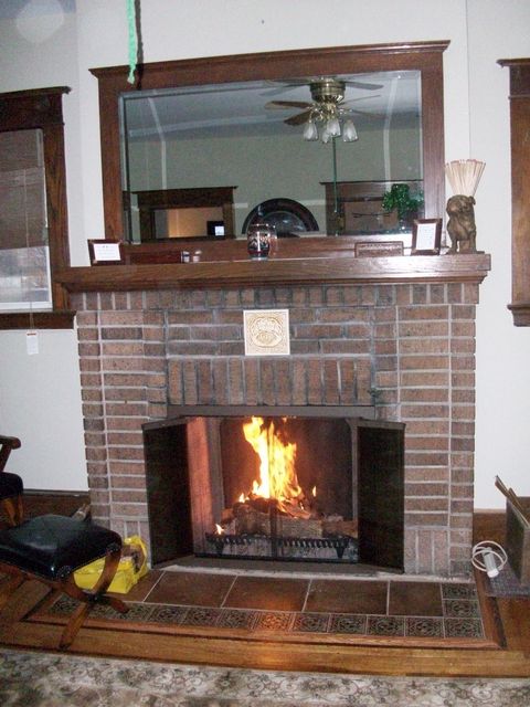 New Tile Hearth & Oak Floor Moulding, Reconditioned Firebox, New Inside Fit Glass Doors w Curtain Screens,Custom Mirrored Overmantel, Handmade Claudah Tile